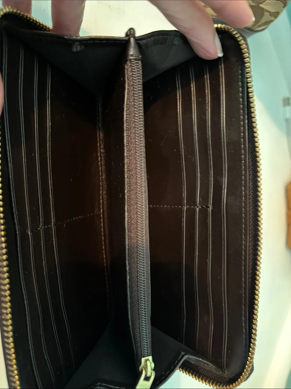Coach Brown Signature Zip Wallet with Gold Logo